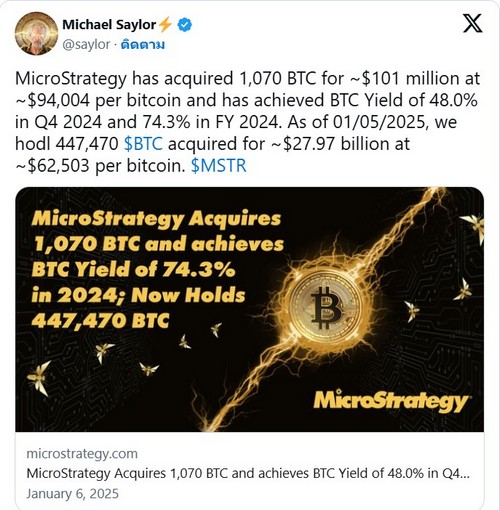 ปิดดีลส่งท้ายปี! MicroStrategy กวาดซื้ออีก 1,070 Bitcoin ส่งท้ายปี 2024 ราคาเฉลี่ย 94,004 ดอลลาร์